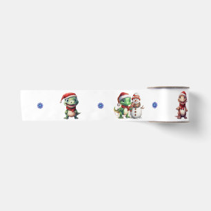 Fun & Funky Christmas Dinosaurs on White  Satin Ribbon