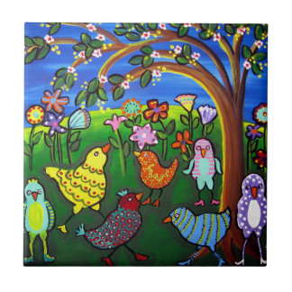 Fun Funky Colourful Birds Whimsical Folk Art Tile