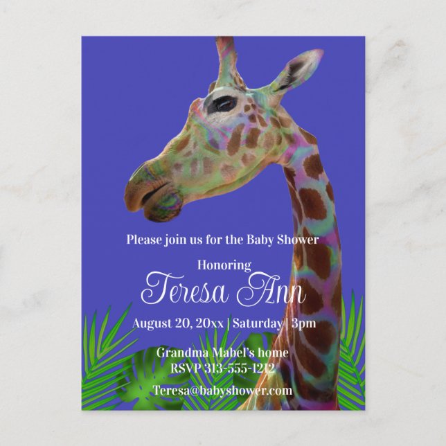Fun funky colourful Giraffe baby shower Invitation Postcard (Front)