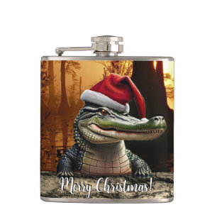 Fun Gator in a Santa Hat Hip Flask