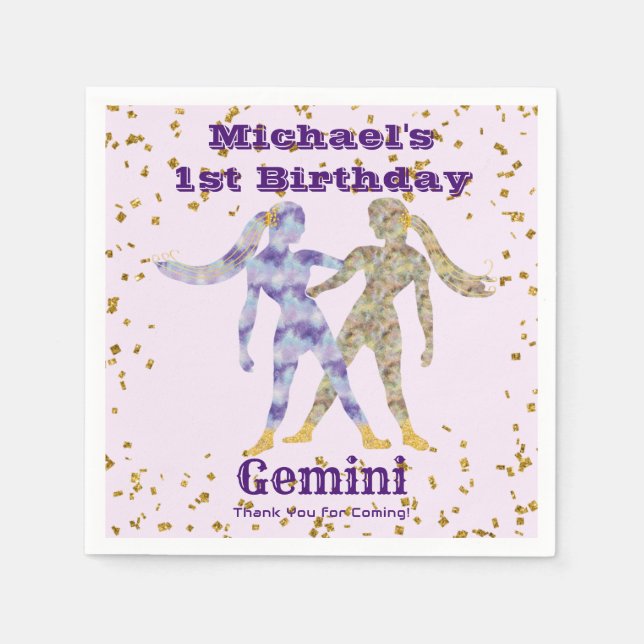Fun Gemini First Birthday & Gold Confetti Napkin (Front)