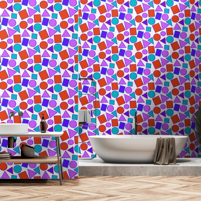 Fun Geometric colourful bright red pink purple blu Wallpaper (Bathroom)