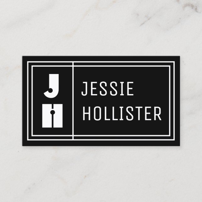 Fun Geometric Modern Initials & Name | Black Business Card (Front)