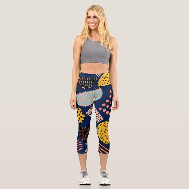 Fun Geometry: Abstract Multicolor Pattern Capri Leggings (Front)