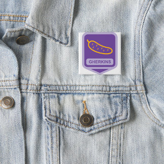 Fun Gherkin Pickle Icon Purple and Yellow 2 Inch Square Button