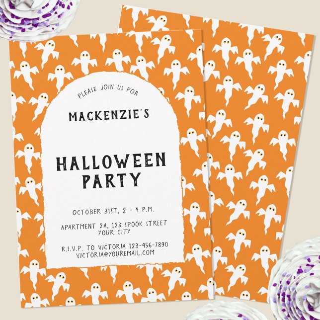 Fun Ghost Halloween Fête Invitation (Fun orange ghost personalized Halloween party invitation)