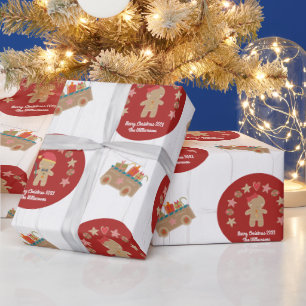 Fun Gingerbread Cookie Script Name Rustic Wood Red Wrapping Paper