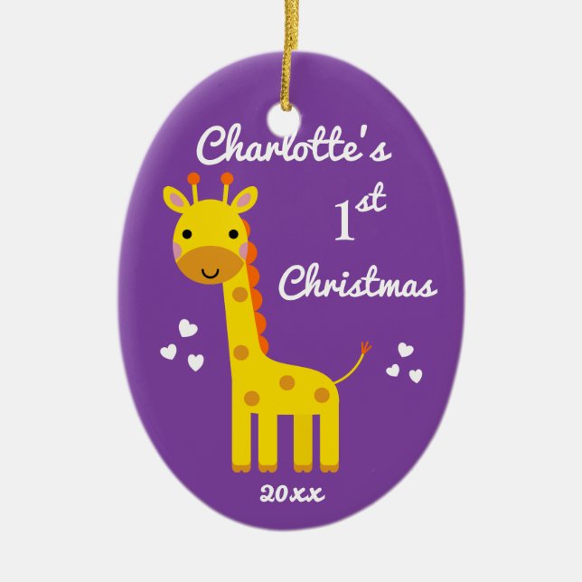 Fun Giraffe Baby's 1st First Christmas Gift Purple Ceramic Ornament (Front)