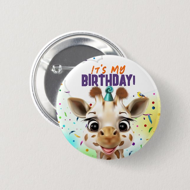 Fun Giraffe Colourful Confetti Birthday 2 Inch Round Button (Front & Back)