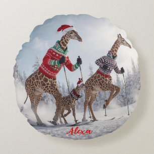Fun Giraffe Family Skiing Christmas Personalized Round Pillow
