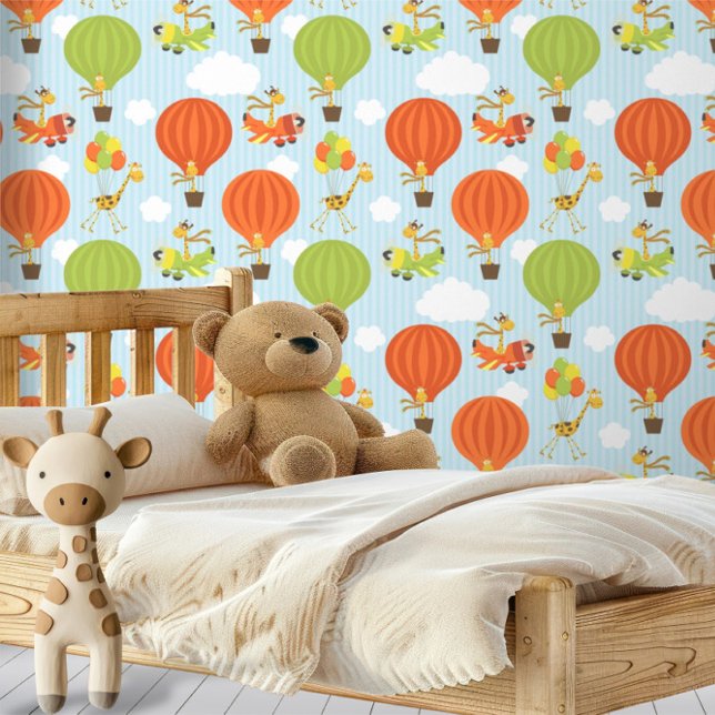 Fun Giraffe in Air Balloons and Planes Pattern Wallpaper (Fun Giraffe in Air Balloons and Planes Pattern Wallpaper by Ricaso. Children's bedroom decor)