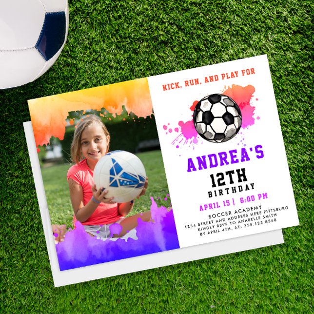 Fun Girl Colourful Pink Soccer Birthday Party Phot Invitation (Creator Uploaded)