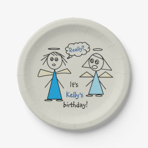 Fun Girl Stick Figure Angels Personalized Birthday Paper Plate