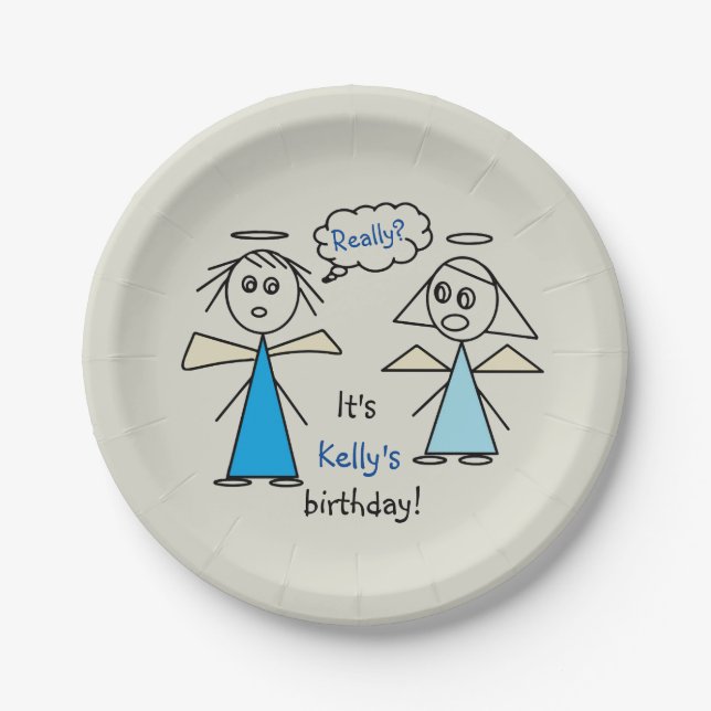 Fun Girl Stick Figure Angels Personalized Birthday Paper Plate (Front)