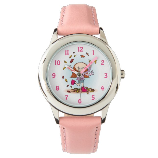Fun girls autumn fall leaves pink wrist watch (Front)