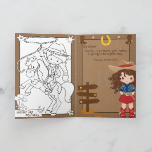 Fun Girls Cowgirl Colouring Page Happy Birthday Card