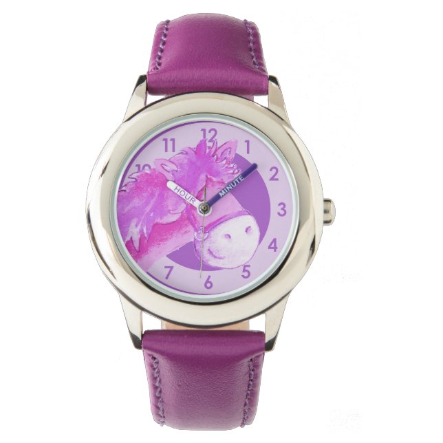 Fun girls pony / horse art purple wrist watch (Front)