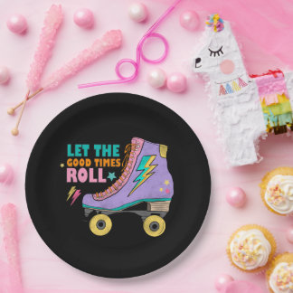 Fun girls retro roller skating party paper plate