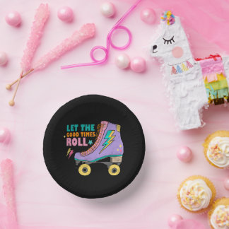 Fun girls retro roller skating party paper plate