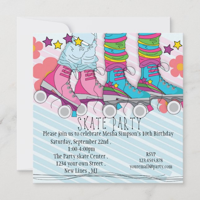 Fun girls Roller Sking invitation pour la fête d'a (Devant)