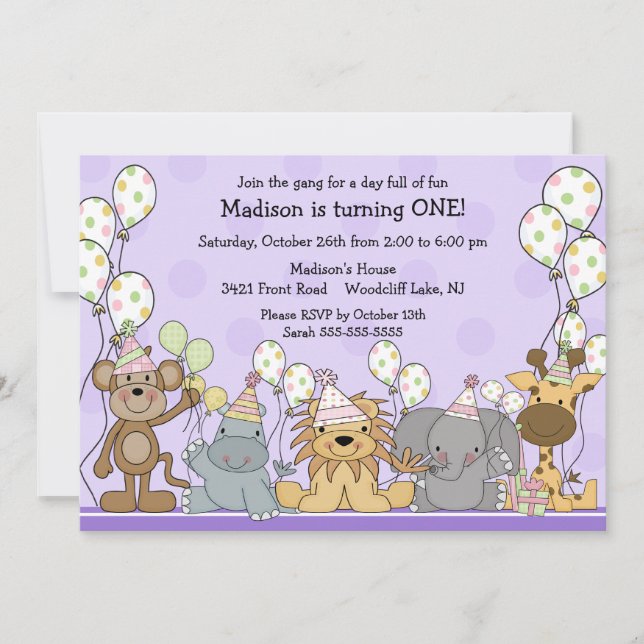 Fun Girls Safari Animals Birthday Invitation (Front)