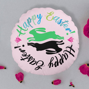 Fun Girly Pink Colourful Easter Bunnies Typography Round Pillow