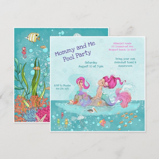Fun Girly Pink Hair Mermaid Mommy & Me Pool Party Invitation (Front/Back)