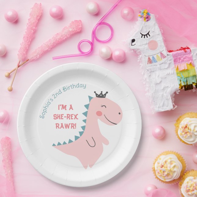 Fun Girly Pink Teal Dinosaur Birthday Party Paper Plate (Party)