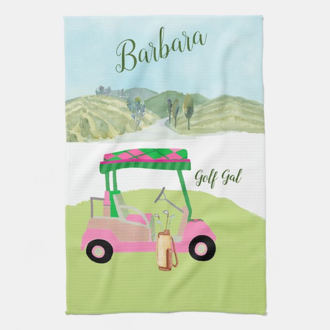 Fun Glam Golf Cart Scenic Personalized Name  Kitchen Towel (Vertical)