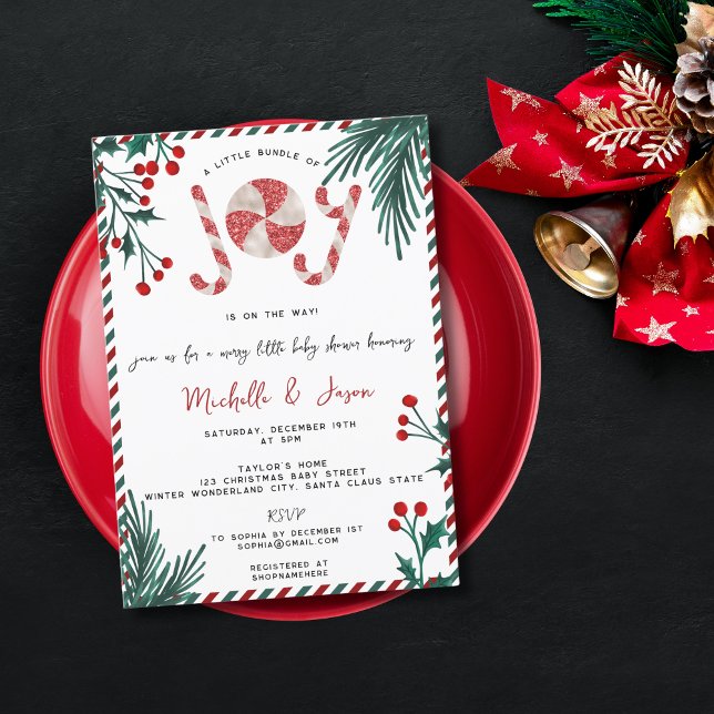 Fun Glitter Christmas Candy Cane Joy Baby Shower Invitation (Creator Uploaded)