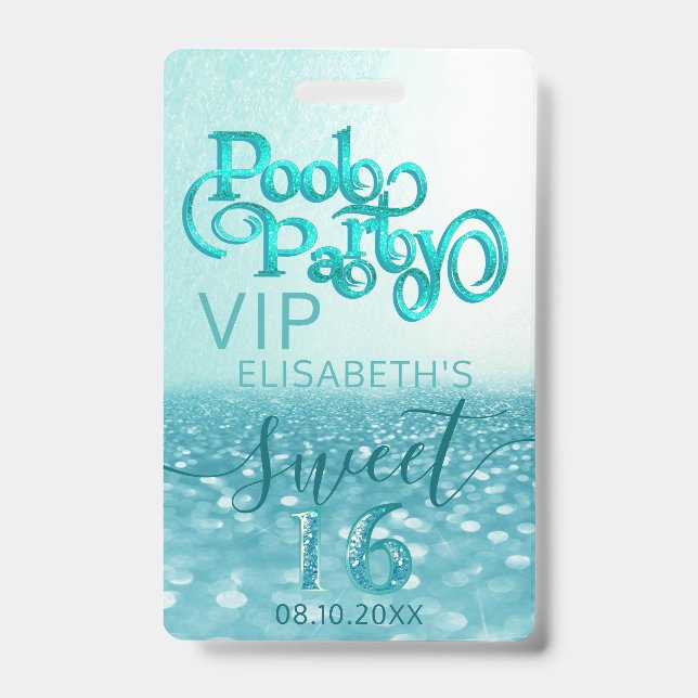 Fun glitter script pool party Sweet 16 VIP  Badge (Front)