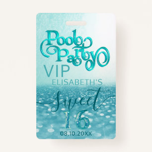 Fun glitter script pool party Sweet 16 VIP  Badge