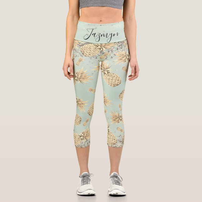 Fun Glittery Golden Pineapples Personalized  Capri Leggings (Front)