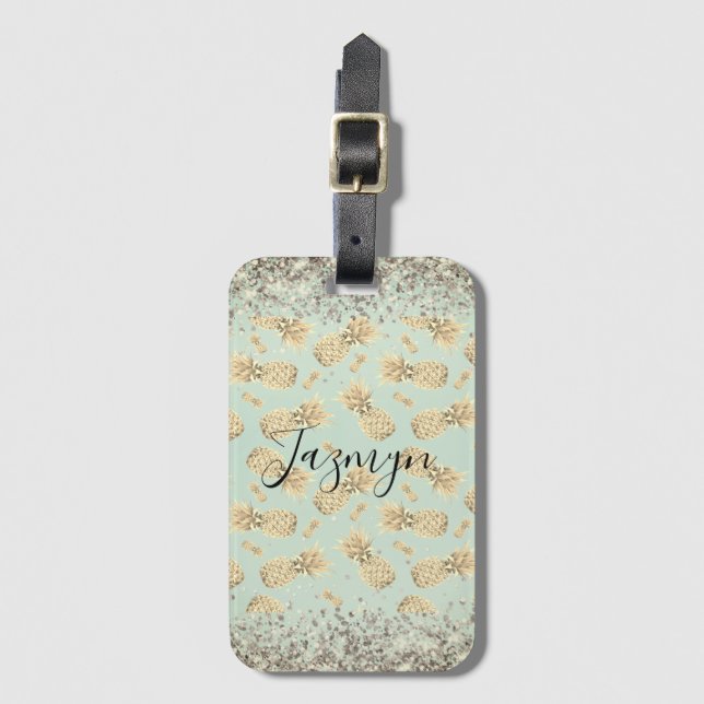 Fun Glittery Golden Pineapples Personalized   Luggage Tag (Front Vertical)
