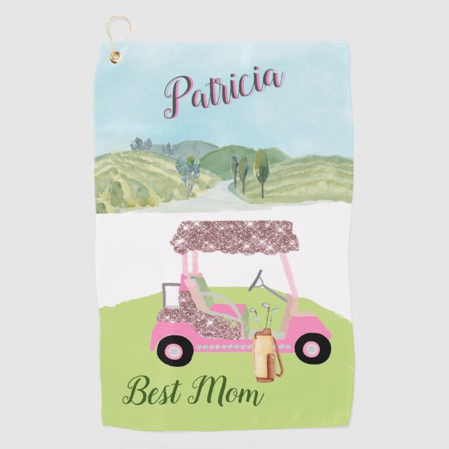 Fun Glitzy Golf Cart Scenic Personalized Two Colou Golf Towel (Front)