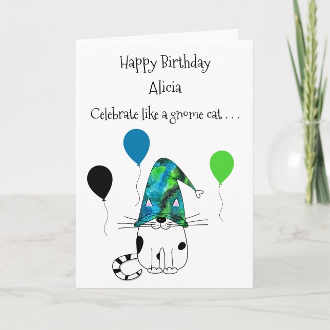 Fun Gnome Chat et ballons Carte de voeux Anniversa (Devant)