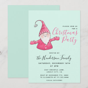 Fun Gnome Custom Mint Green and Pink Christmas Invitation
