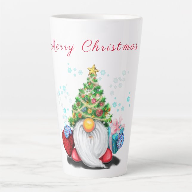 Fun Gnome with Christmas Tree Hat and Gift For You Latte Mug (Front)