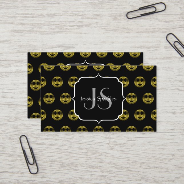 Fun gold black smileys polka dots pattern Monogram Business Card (Front/Back In Situ)