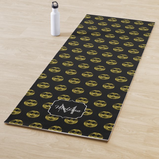 Fun gold black smileys polka dots pattern Monogram Yoga Mat (In Situ)