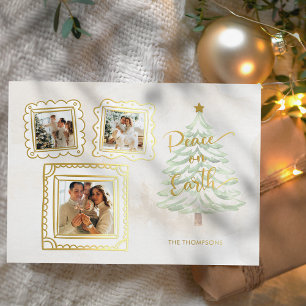 Fun Gold Doodle Frame Peace on Earth 3-Photo Foil Holiday Card