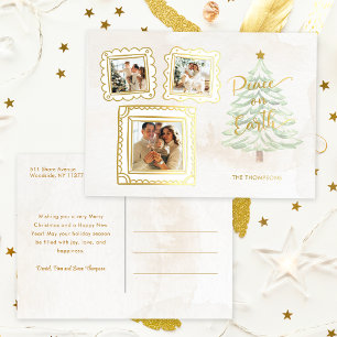 Fun Gold Doodle Frame Peace on Earth 3-Photo Foil Holiday Postcard