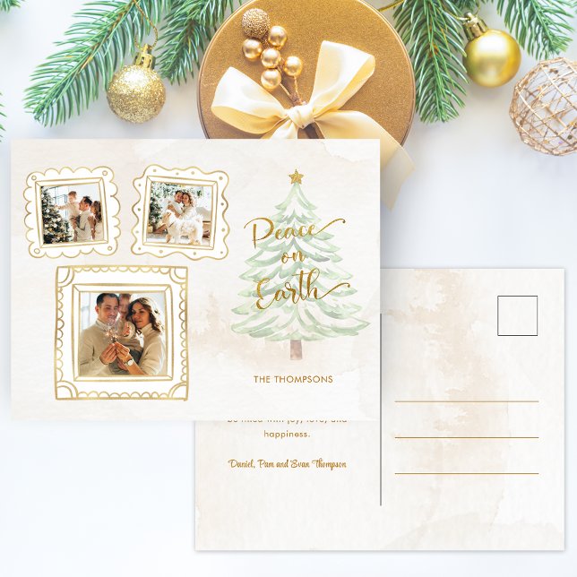 Fun Gold Doodle Frame Peace on Earth 3-Photo Holiday Postcard (Creator Uploaded)