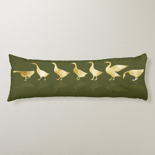 Fun Gold Foil Geese Dark Sage Green Body Pillow (Front)
