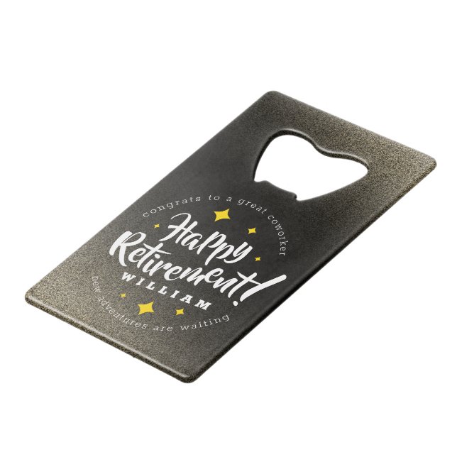 Fun Gold Glitter Stars Retirement New Adventures Credit Card Bottle Opener (Front Angled)