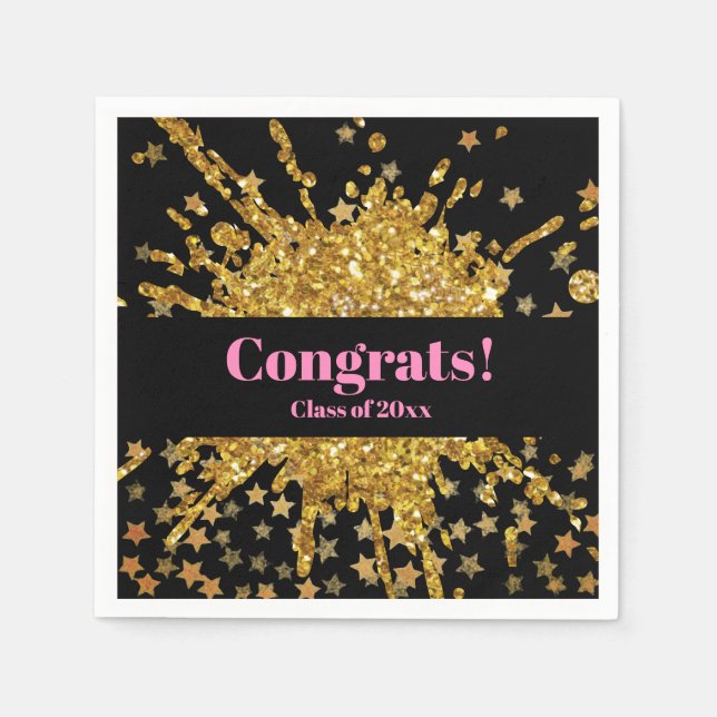 Fun gold pink sparkle glitter graffiti paint stars napkin (Front)