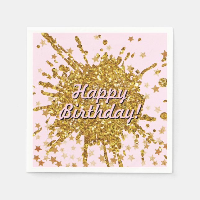 Fun gold pink sparkle glitter graffiti paint stars napkin (Front)