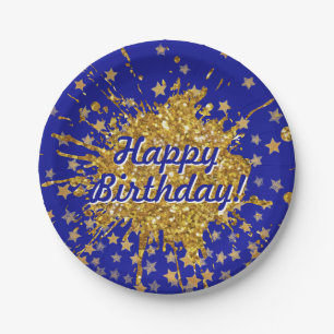 Fun gold pink sparkle glitter graffiti paint stars paper plate