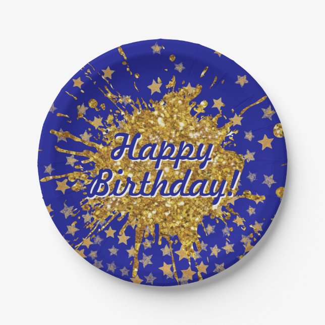 Fun gold pink sparkle glitter graffiti paint stars paper plate (Front)