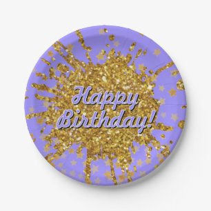 Fun gold pink sparkle glitter graffiti paint stars paper plate
